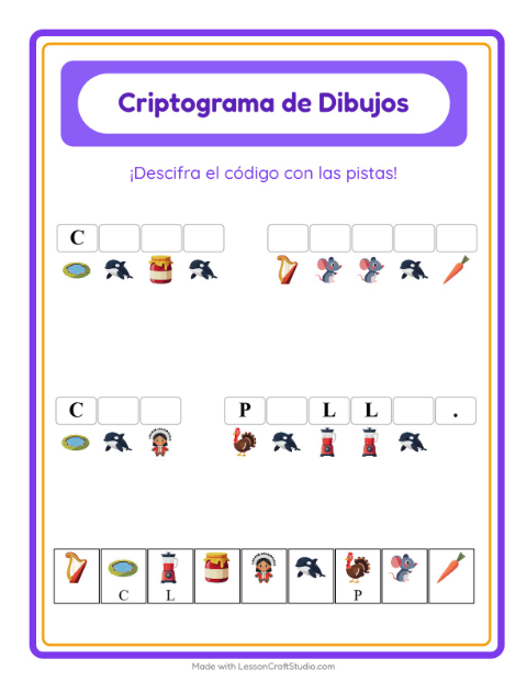 Vista previa de la hoja de Criptograma para jardín infantil