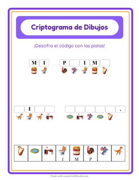 Vista previa de la hoja de Criptograma para jardín infantil