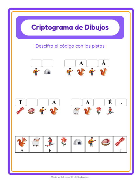 Vista previa de la hoja de Criptograma para jardín infantil