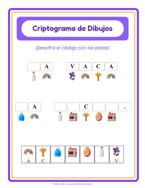 Vista previa de la hoja de Criptograma para jardín infantil
