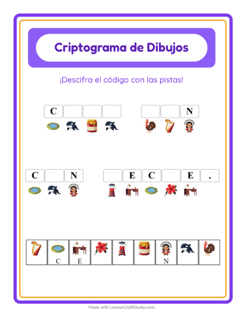 Vista previa de la hoja de Criptograma para jardín infantil