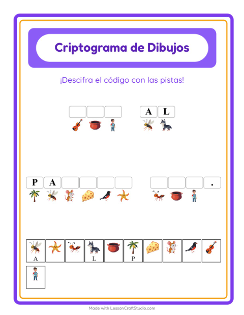Vista previa de la hoja de Criptograma para jardín infantil