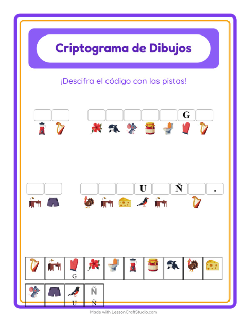 Vista previa de la hoja de Criptograma para jardín infantil