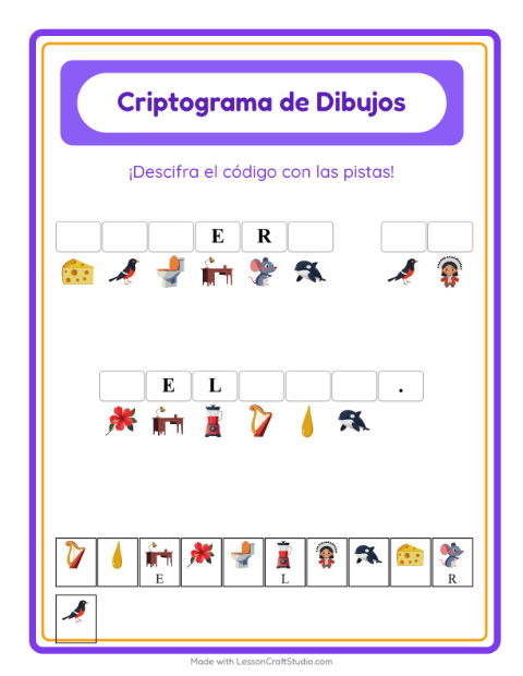 Vista previa de la hoja de Criptograma para jardín infantil