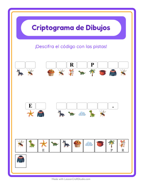 Vista previa de la hoja de Criptograma para jardín infantil