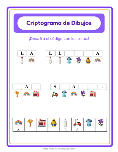 Vista previa de la hoja de Criptograma para jardín infantil