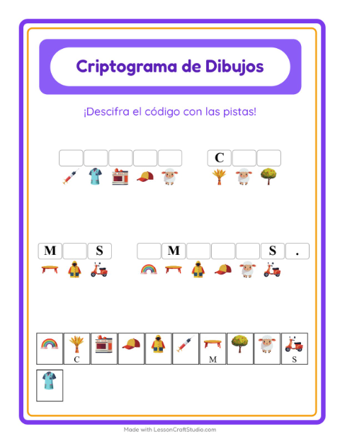 Vista previa de la hoja de Criptograma para jardín infantil