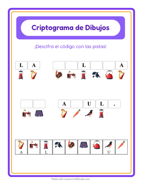 Vista previa de la hoja de Criptograma para jardín infantil