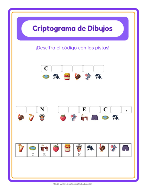 Vista previa de la hoja de Criptograma para jardín infantil