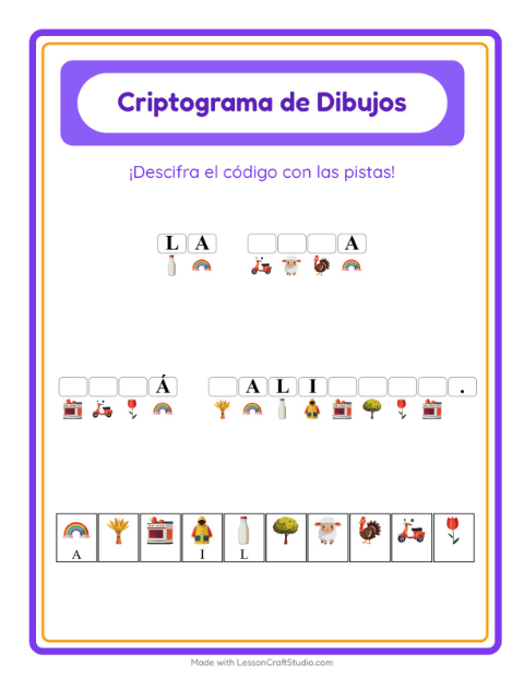 Vista previa de la hoja de Criptograma para jardín infantil