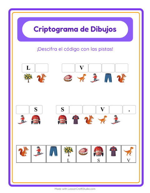 Vista previa de la hoja de Criptograma para jardín infantil