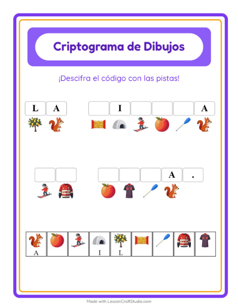 Vista previa de la hoja de Criptograma para jardín infantil