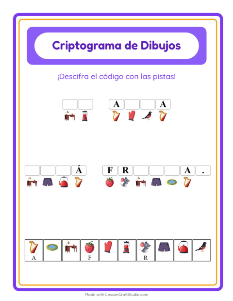 Vista previa de la hoja de Criptograma para jardín infantil
