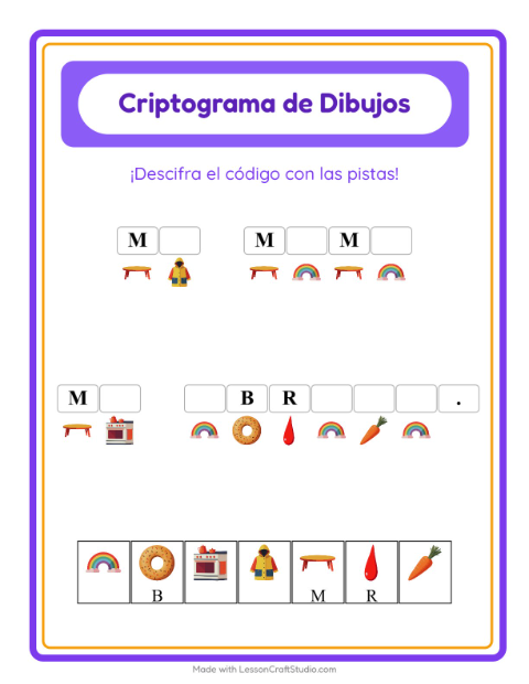 Vista previa de la hoja de Criptograma para jardín infantil