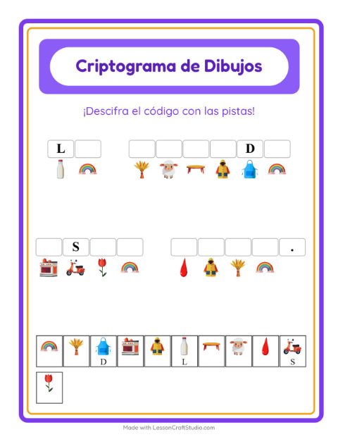 Vista previa de la hoja de Criptograma para jardín infantil