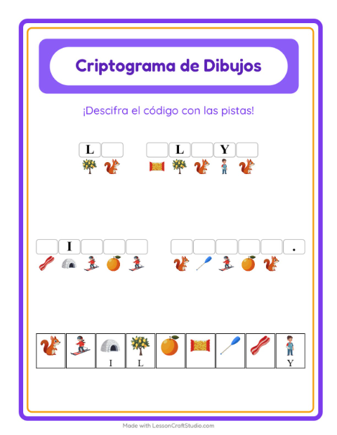 Vista previa de la hoja de Criptograma para jardín infantil
