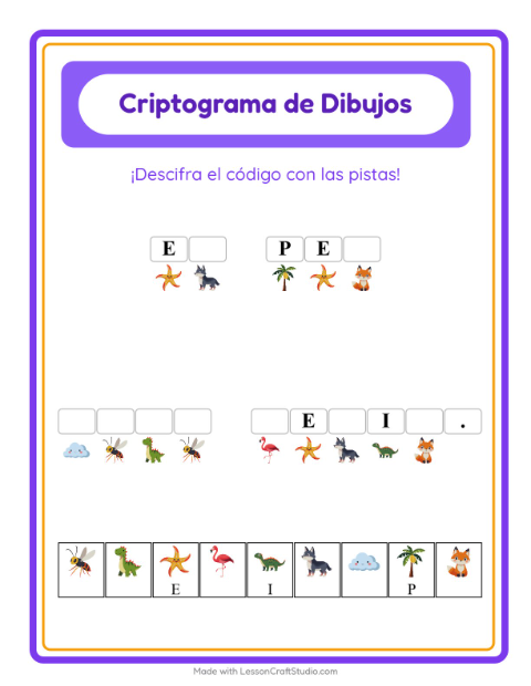 Vista previa de la hoja de Criptograma para jardín infantil