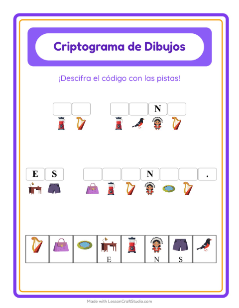 Vista previa de la hoja de Criptograma para jardín infantil