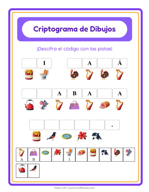 Vista previa de la hoja de Criptograma para jardín infantil