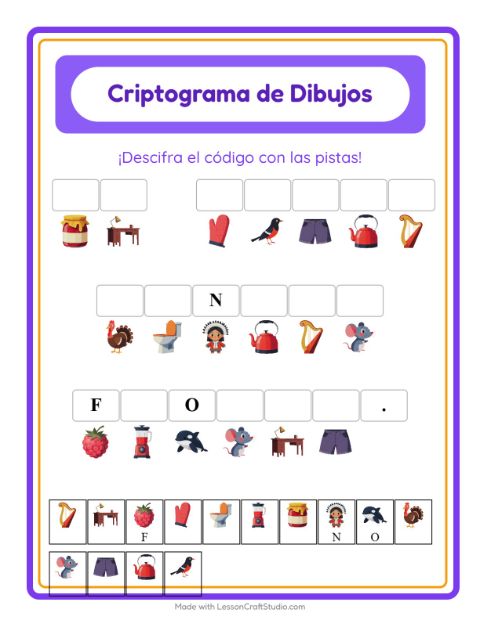 Vista previa de la hoja de Criptograma para jardín infantil