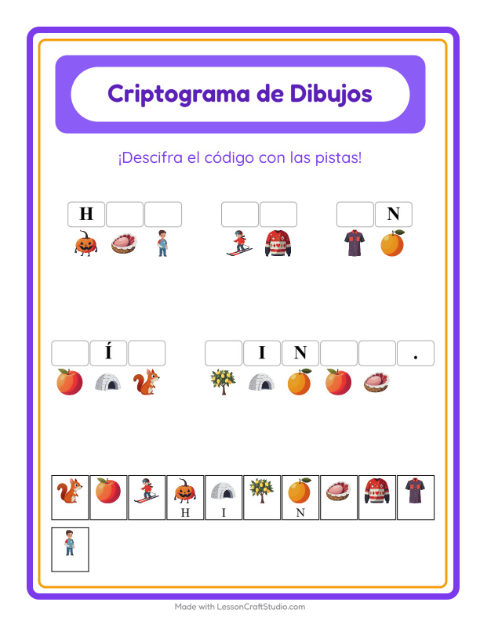 Vista previa de la hoja de Criptograma para jardín infantil
