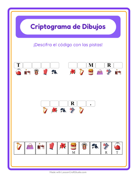Vista previa de la hoja de Criptograma para jardín infantil