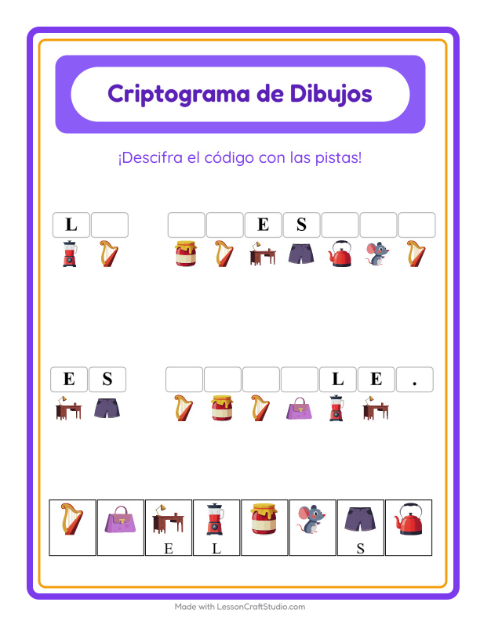 Vista previa de la hoja de Criptograma para jardín infantil