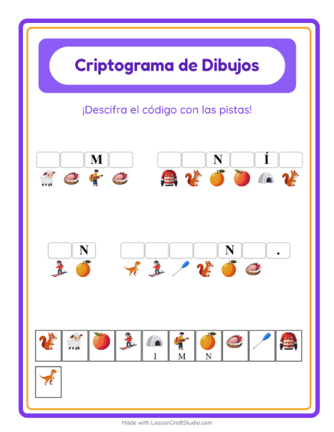 Vista previa de la hoja de Criptograma para jardín infantil