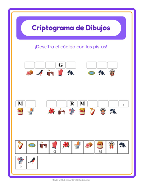 Vista previa de la hoja de Criptograma para jardín infantil