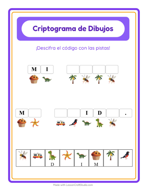 Vista previa de la hoja de Criptograma para jardín infantil