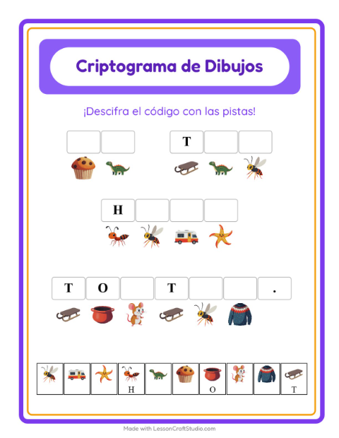 Vista previa de la hoja de Criptograma para jardín infantil