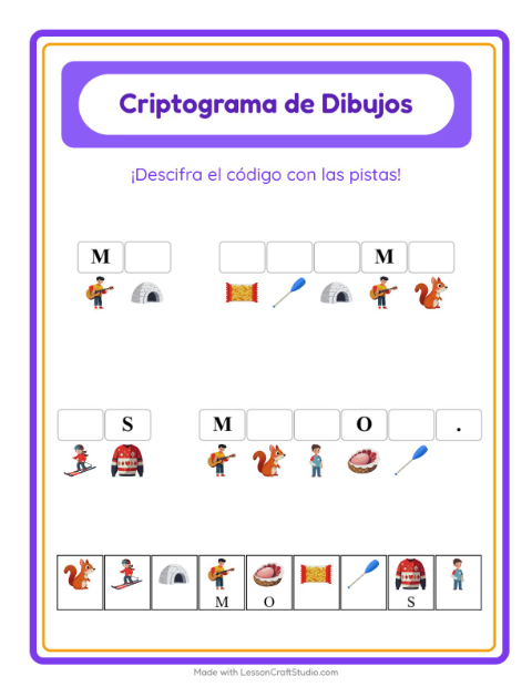 Vista previa de la hoja de Criptograma para jardín infantil