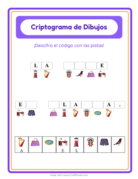 Vista previa de la hoja de Criptograma para jardín infantil