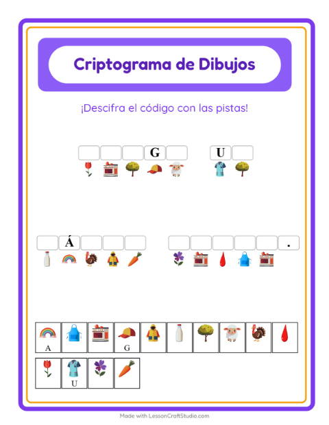Vista previa de la hoja de Criptograma para jardín infantil