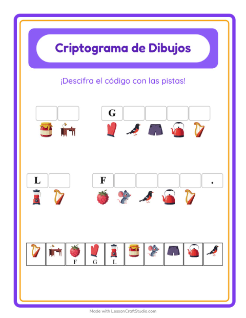Vista previa de la hoja de Criptograma para jardín infantil