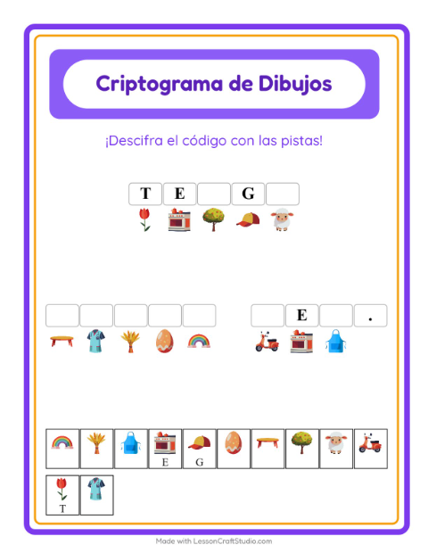 Vista previa de la hoja de Criptograma para jardín infantil