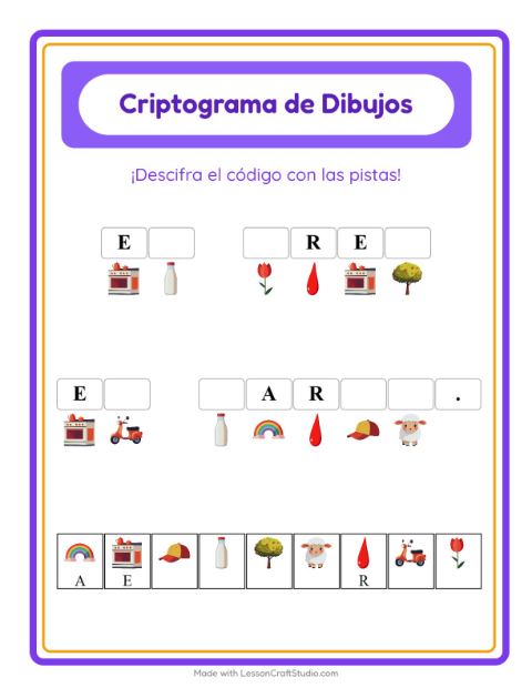 Vista previa de la hoja de Criptograma para jardín infantil
