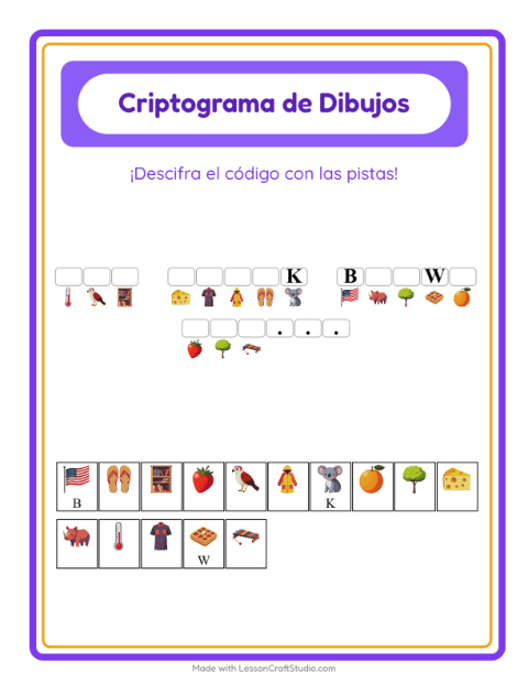 Vista previa de la hoja de Criptograma para jardín infantil