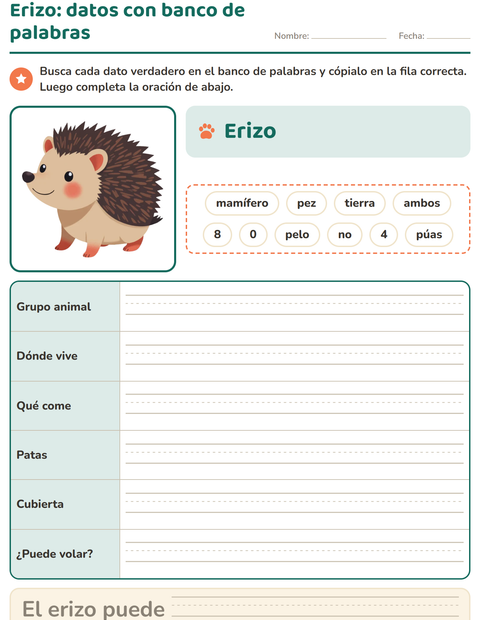 Datos del animal con banco de palabras — segundo grado