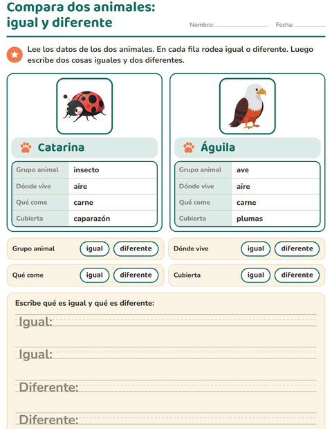 Compara dos animales: igual y diferente — segundo grado