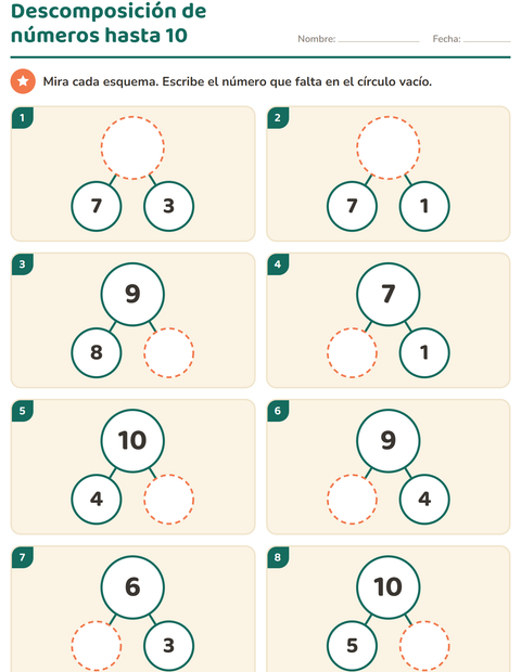 Vista previa de la hoja de Descomposición de números para jardín infantil