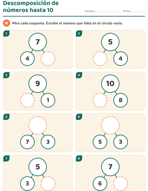 Vista previa de la hoja de Descomposición de números para jardín infantil