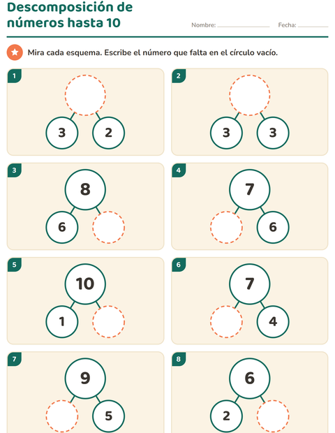 Vista previa de la hoja de Descomposición de números para jardín infantil