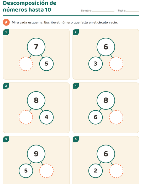 Vista previa de la hoja de Descomposición de números para jardín infantil