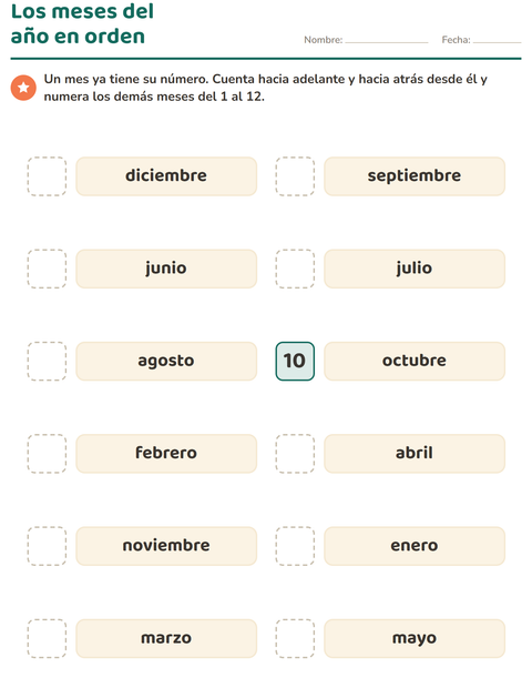 Vista previa de la hoja de Días y meses para grado 1