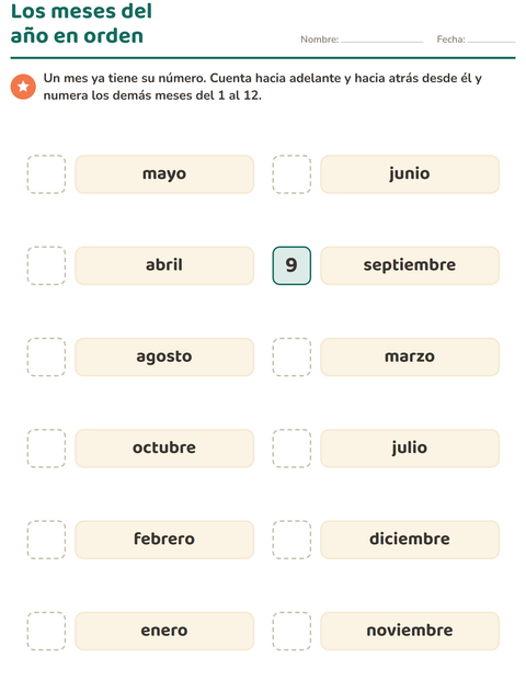 Vista previa de la hoja de Días y meses para grado 1