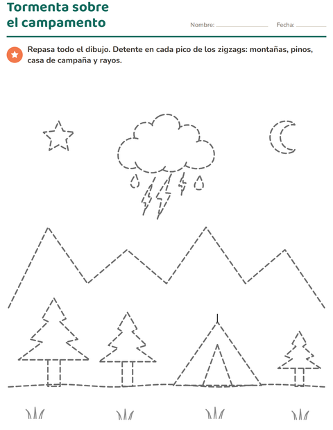 Vista previa de Dibujos para repasar en zigzag: tormenta sobre el campamento