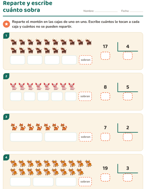 Vista previa de la hoja de Divisiones con residuo con Animales de granja para grado 3