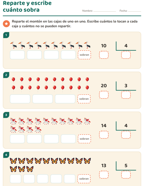 Vista previa de la hoja de Divisiones con residuo con Cosas que vuelan para grado 3