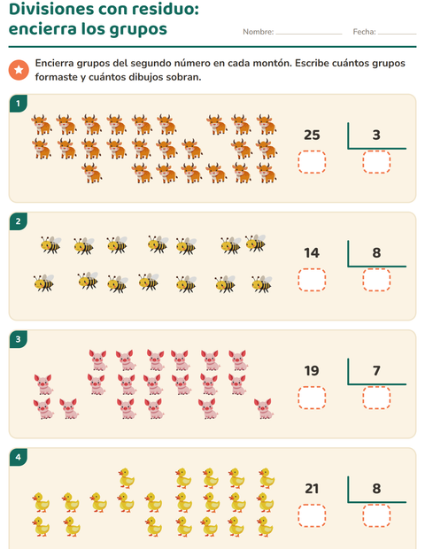 Vista previa de la hoja de Divisiones con residuo con Animales de granja para grado 3
